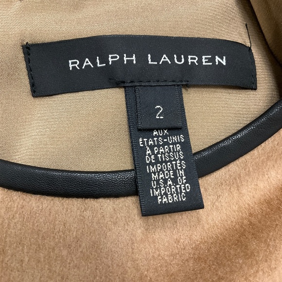 RALPH LAUREN BLACK LABEL TAN / BLACK LAMB LEATHER TRIMMED BABY CAMEL HAIR DRESS - Picture 4 of 4
